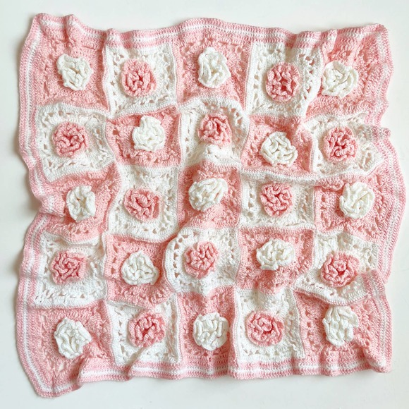 Handmade Other - Vintage Handmade Granny Square Rosettes Baby Throw Blanket